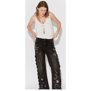 Driftwood Lacy Celestial Embroidered Lace Up Side Wide Leg Jeans Black Size 28